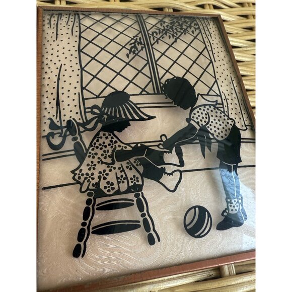 Vintage 40's Pair Silhouette Convex Glass Pictures Reverse Painted 5x4" - Picture 9 of 10